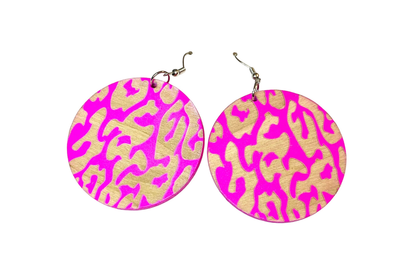 Pink and Brown Wooden Leopard Print Earrings